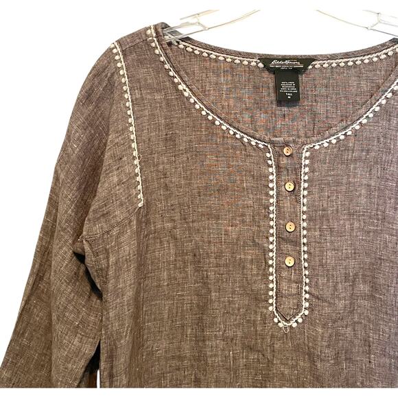 Eddie Bauer Embroidered Linen Top Womens Medium Tall Brown White Boho Lagenlook - Picture 3 of 7